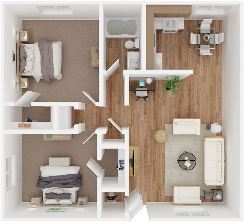Floor plan for 2 beds, 1 bath, 798 sqft